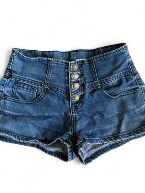 High-Waist Button Fly Denim Shorts - Indigo Blue